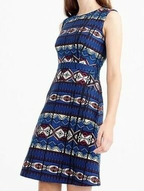 J. Crew Women's Dress 6 Ikat Jacquard A-Line Blue Geometric Tribal $228 NWT